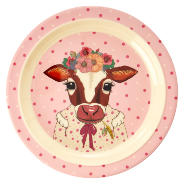 RICE Kids Melamine Lunch Plate with "Farm Animal Cow" print