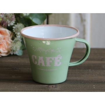 Chic Antique Emaille Tassen mit Druck "Cafe", grün